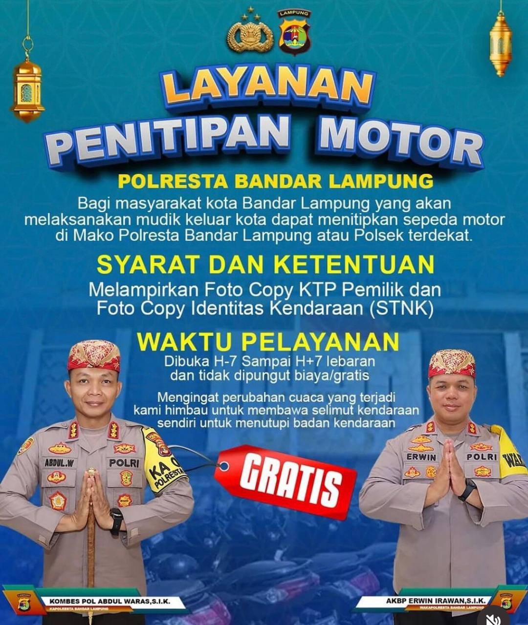 Polresta Bandar Lampung Buka Layanan Penitipan Sepeda Motor Bagi Pemudik, Ini Syaratnya!