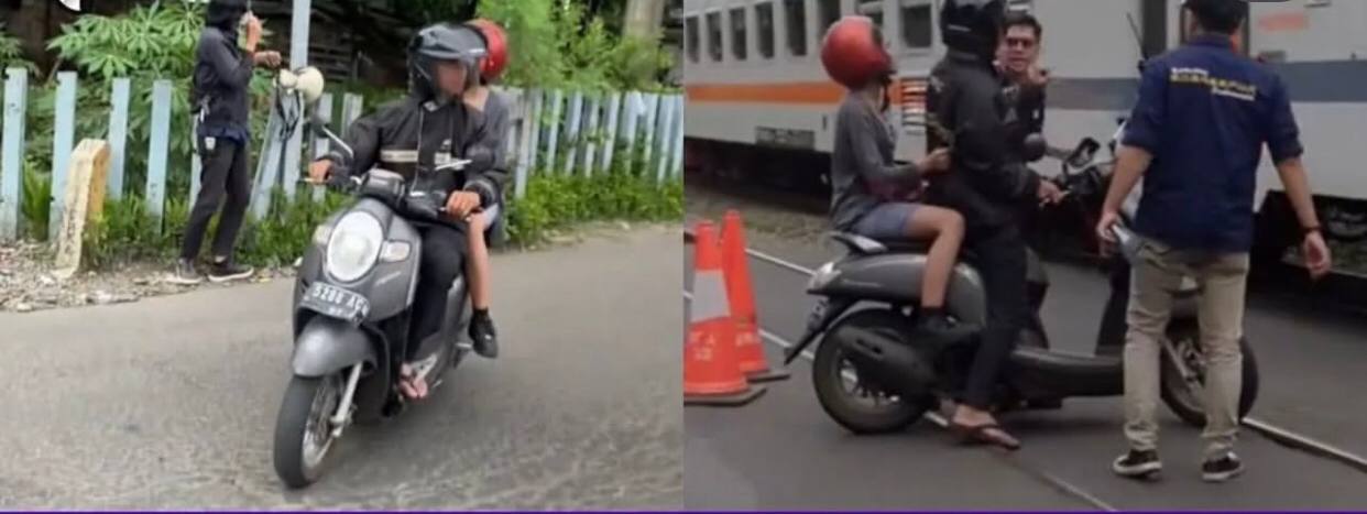 Viral! Aksi Nekat Pengendara Motor Terobos Rel Kereta dan Hampir Tertabrak, Diselamatkan Malah Ngamuk