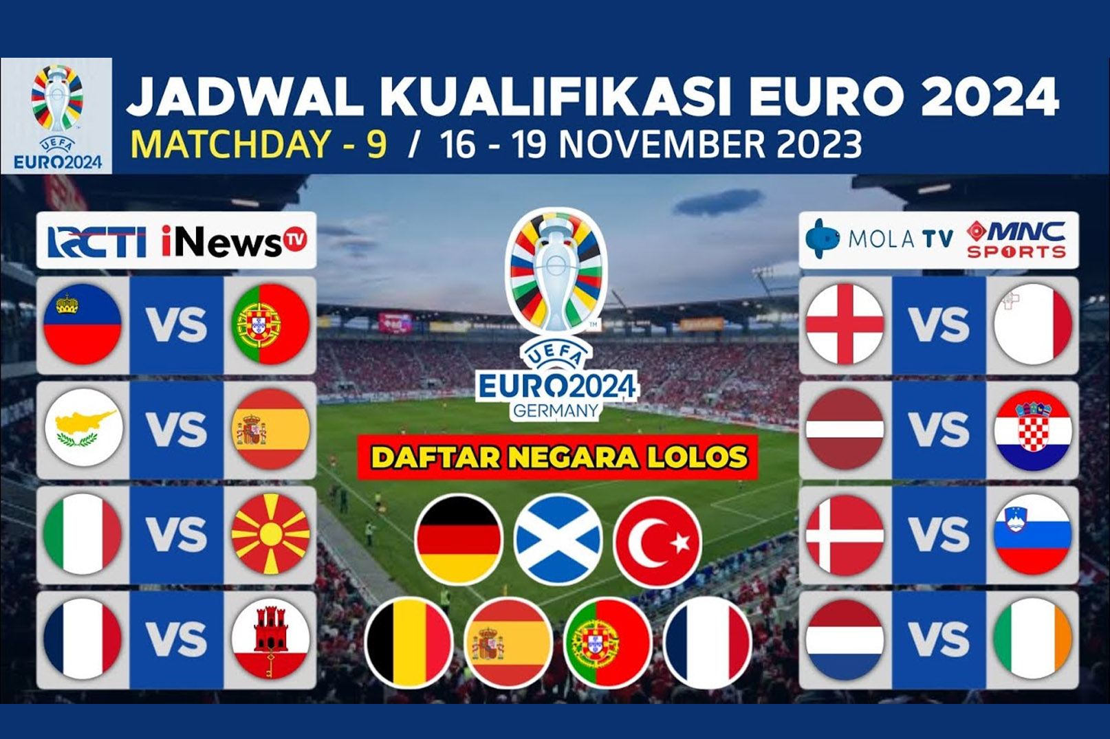 Jadwal Lengkap Kualifikasi EURO 2024 Matchday 9 Serta Hasil Klasemen Sementara, Simak Disini