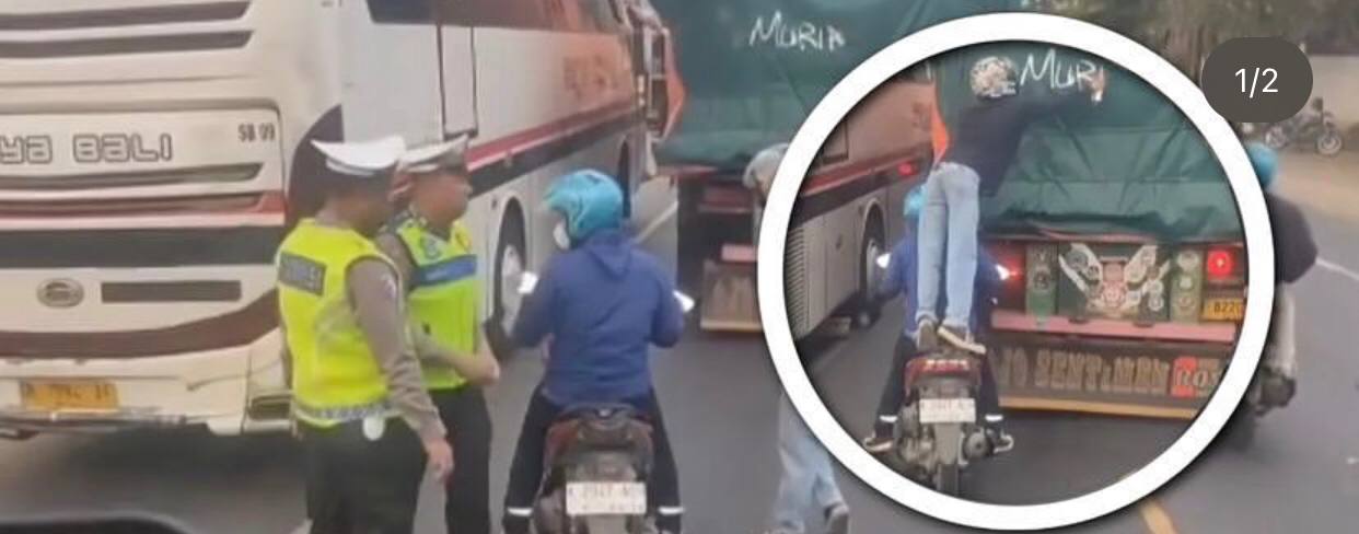 Viral! Detik-detik Pemotor Tertangkap Basah Oleh Polisi saat Sedang Lakukan Vandalisme di Belakang Truk