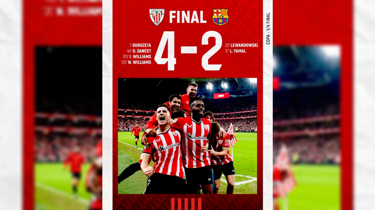 Hasil Copa del Rey: Athletic Bilbao Lolos Semifinal Usai Singkirkan Barcelona 4-2