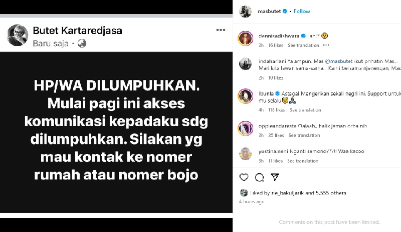 Pengakuan Butet Kartaredjasa Usai Mengetahui Ponsel dan Whatsappnya Dilumpuhkan