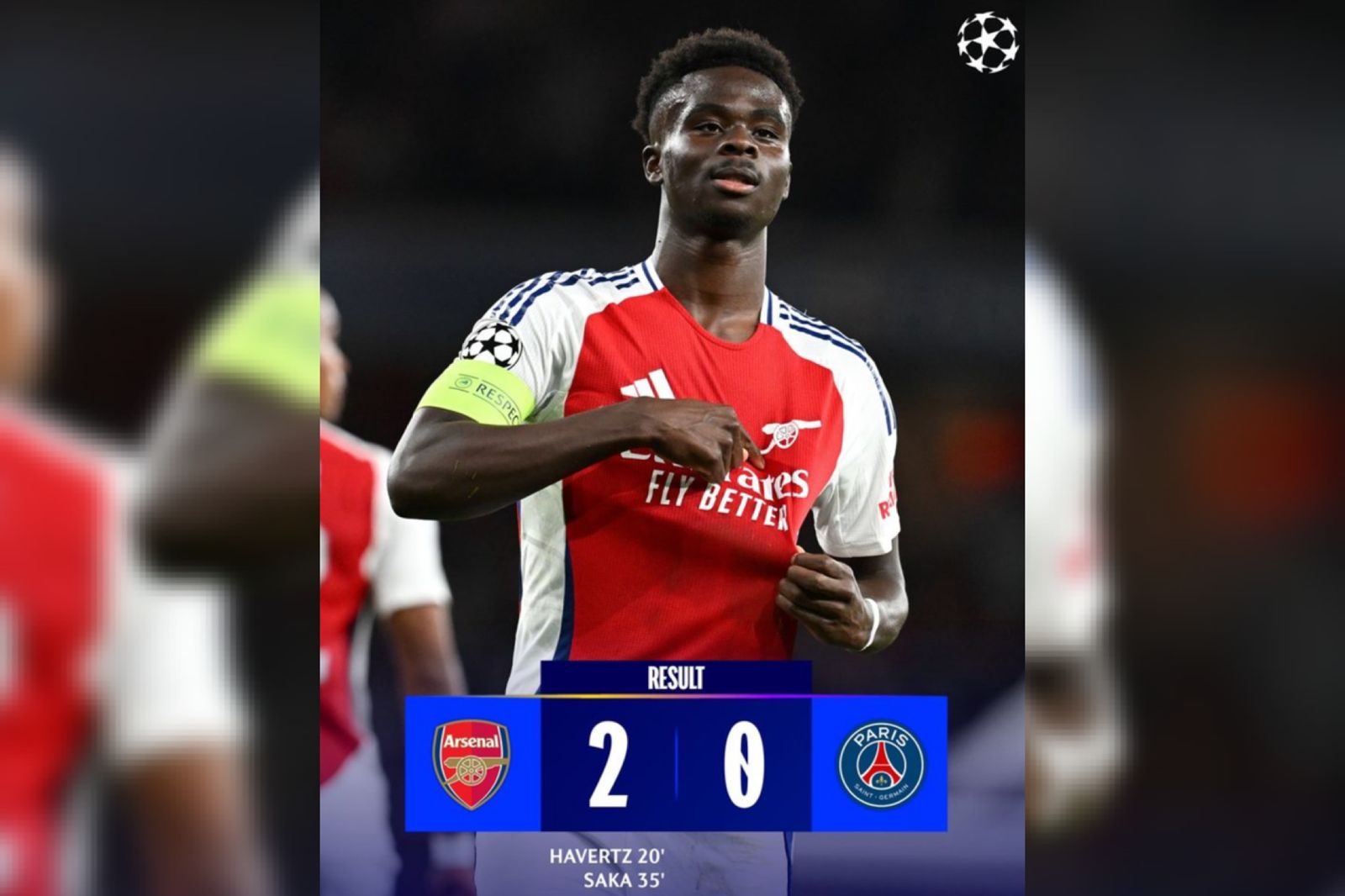 Hasil Liga Champions Arsenal vs PSG 2-0, THe Gunners Amankan 3 Poin