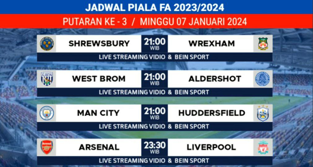 Jadwal Lengkap Piala FA 2023-2024 Putaran Ketiga, Ada Duel Arsenal vs Liverpool