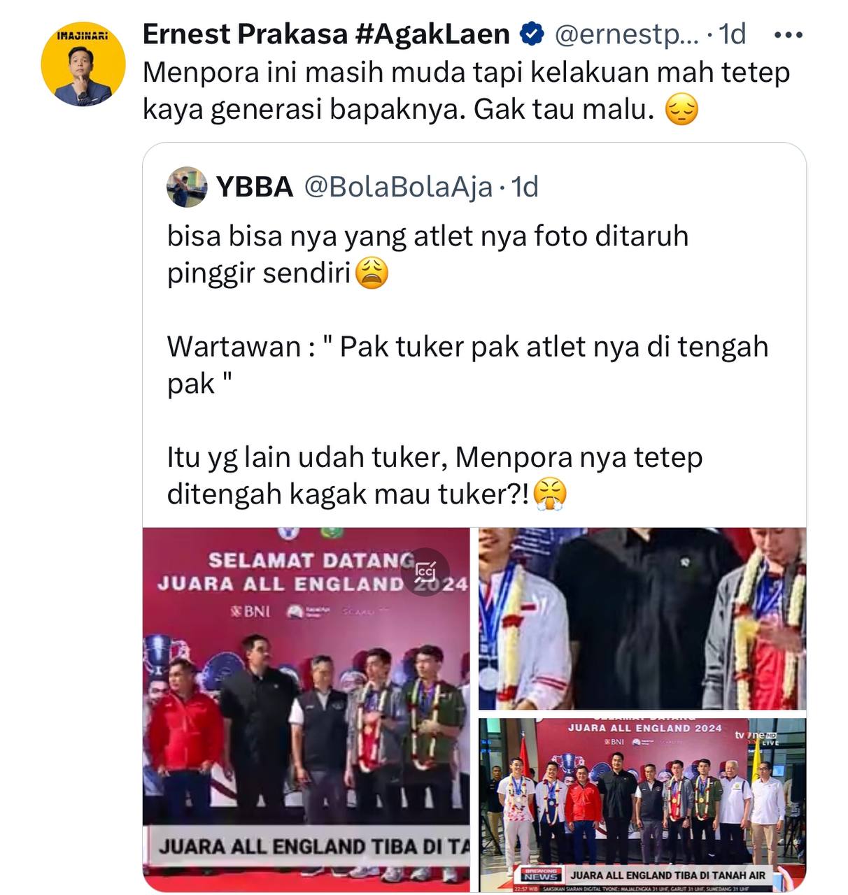 Ernest Prakasa Kritik Keras Menpora Dito Ariotedjo: 'Gak Tau Malu' soal Foto Bareng Juara All England!