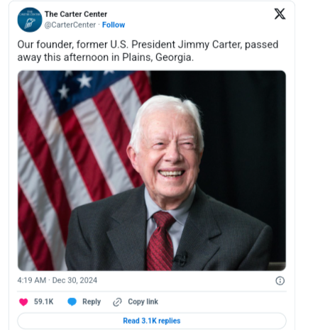 Mantan Presiden AS Jimmy Carter, Meninggal di Usia 100 tahun