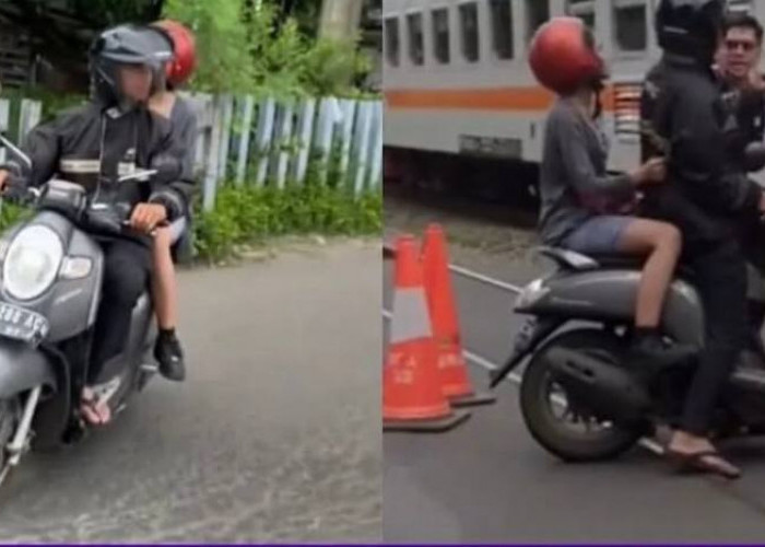 Viral! Aksi Nekat Pengendara Motor Terobos Rel Kereta dan Hampir Tertabrak, Diselamatkan Malah Ngamuk