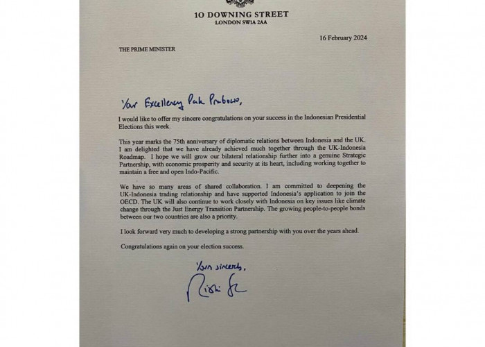 Prabowo Subiato Unggah Surat Ucapan Selamat dari PM Inggris Rishi Sunak 